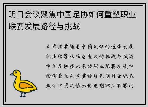 明日会议聚焦中国足协如何重塑职业联赛发展路径与挑战 明日会议聚焦中国足协如何重塑职业联赛发展路径与挑战